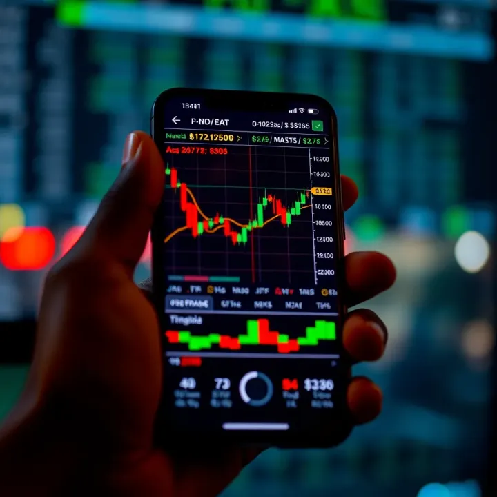 Mobile phone displaying forex trading charts and indicators with Nigerian currency symbols