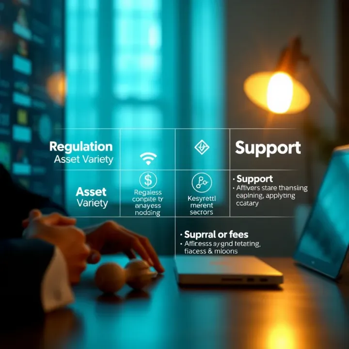 Graphic depicting key factors like regulation, asset variety, fees, and support for selecting a binary options broker