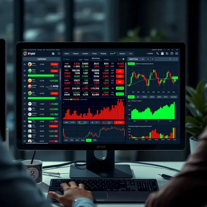 Computer screen displaying various financial assets and trading platform interface