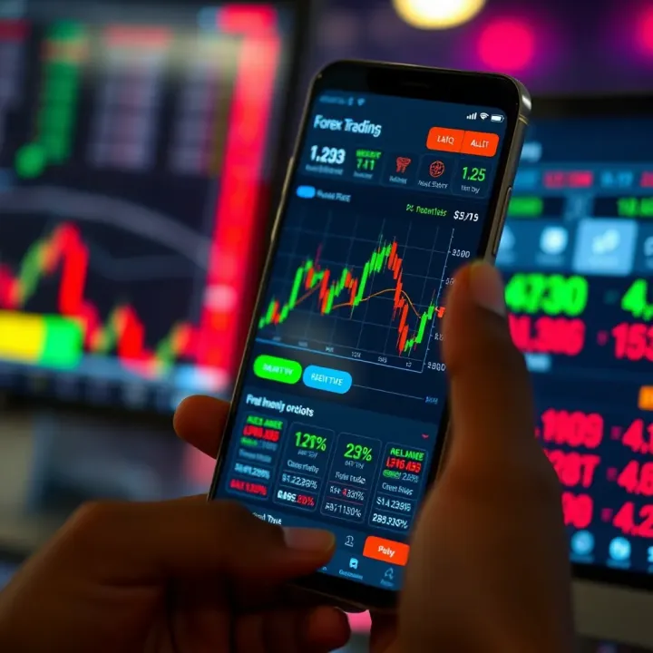 User interface of a mobile forex trading application displaying charts and currency options