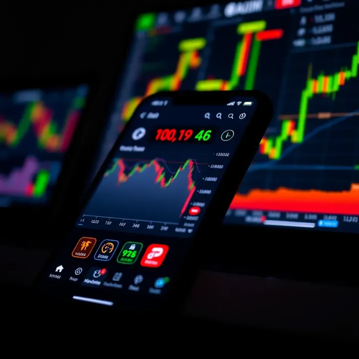 Mobile phone displaying various financial charts and indicators on a trading application dashboard