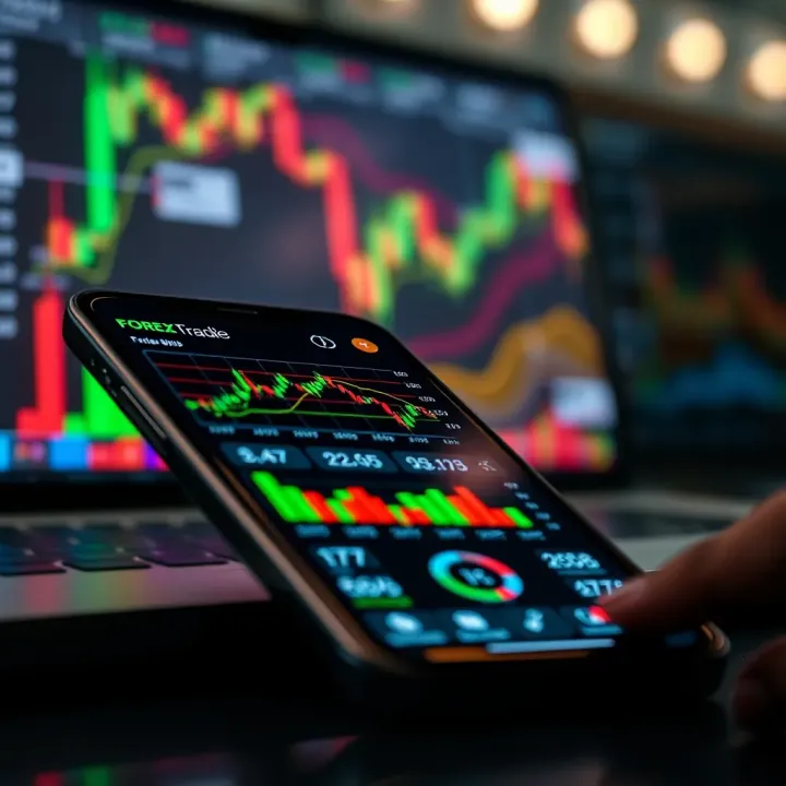 Mobile phone displaying forex trading charts and analytics