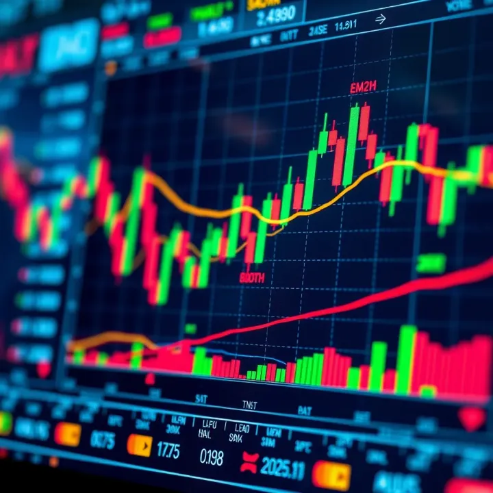 Forex Trading Chart with Technical Indicators Chart showing forex trading analysis with candlestick patterns and indicators