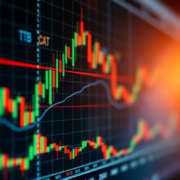 Candlestick chart showing forex currency pair fluctuations with technical indicators