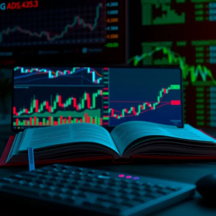Open book displaying forex trading charts and financial data on a digital screen