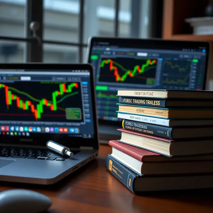 Forex Trading Strategies and Risk Management Resources Stack of books and a laptop showing forex trading strategy diagrams