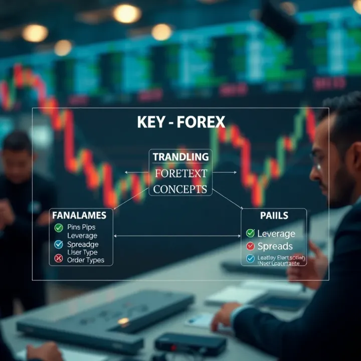 Diagram explaining key forex concepts including pips, leverage, spreads, and order types