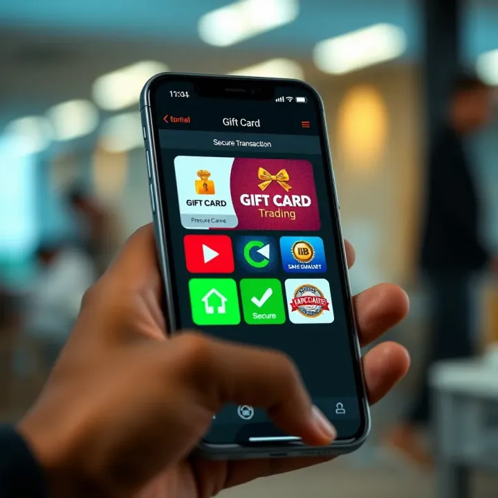 Smartphone displaying various gift card trading app interfaces with secure transaction icons
