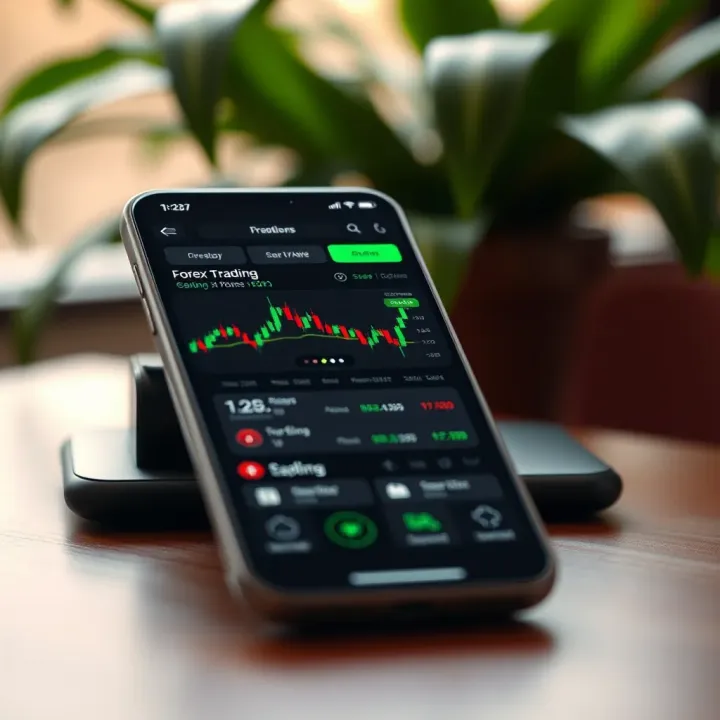 Forex Trading App Interface on Mobile Device Smartphone displaying a forex trading app interface with currency charts and trading options