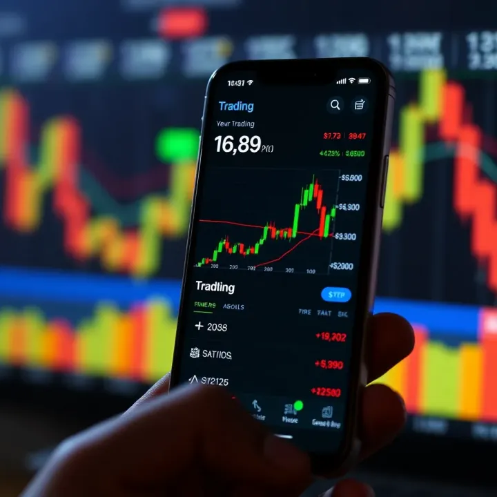 Trading App Interface Showcasing Market Charts and Options Mobile phone screen displaying a trading app interface with charts and investment options