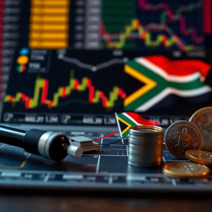 Navigating Forex Risk with South African Market Insights Illustration of forex trading tools with South African flag and currency symbols representing local market considerations
