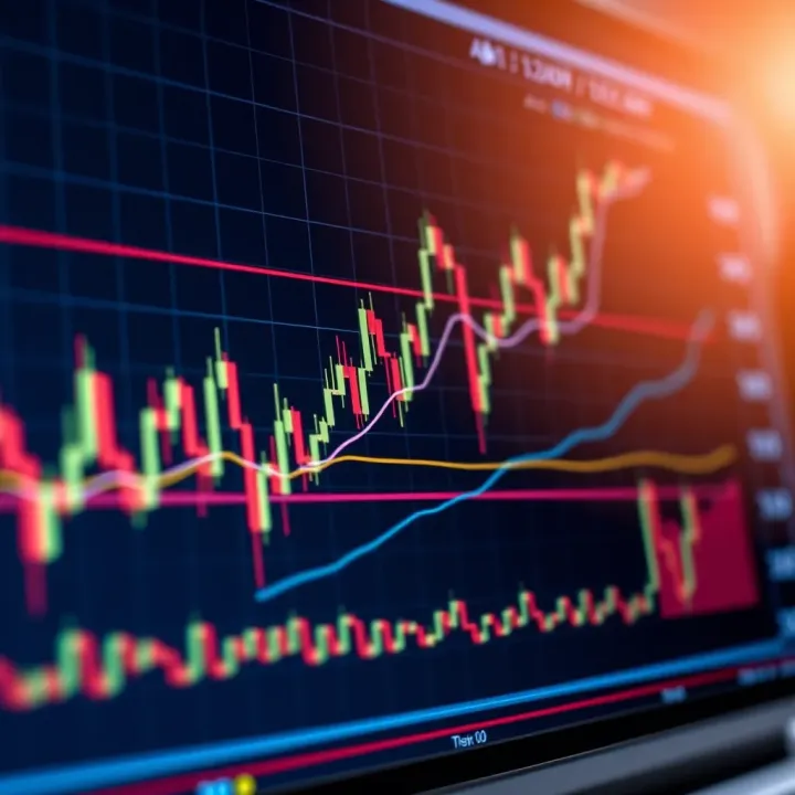 Graph showing currency exchange rates with candlestick patterns and trend lines on a digital trading platform