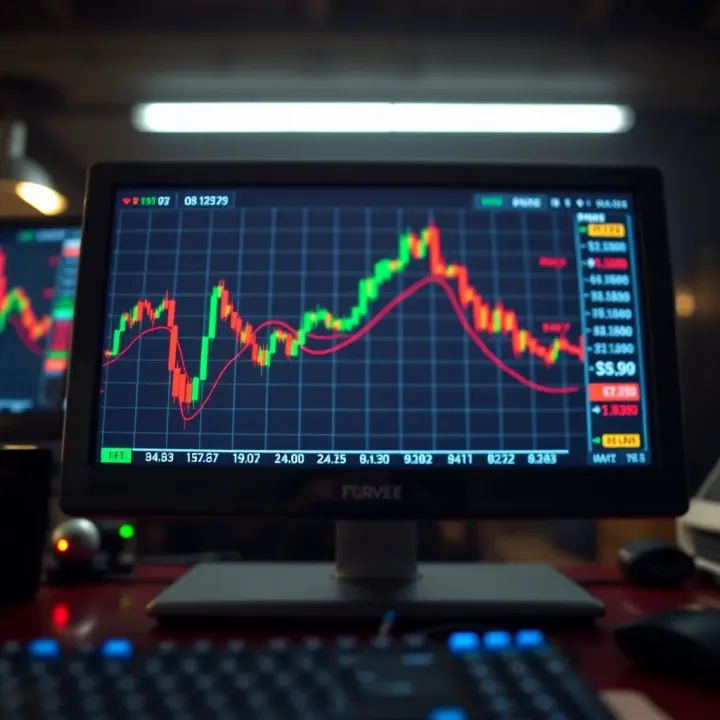 Graph showing currency exchange rates with upward and downward trends on a digital screen