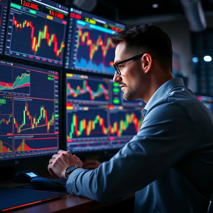 Illustration of a trader analyzing charts and monitoring financial data on multiple screens