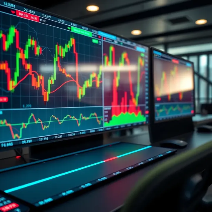 Digital screen displaying modern forex trading charts and currency pairs
