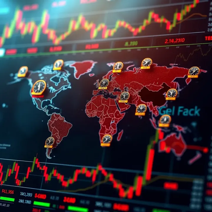 Global forex trading sessions depicted on world map with clock icons showing active hours in different regions