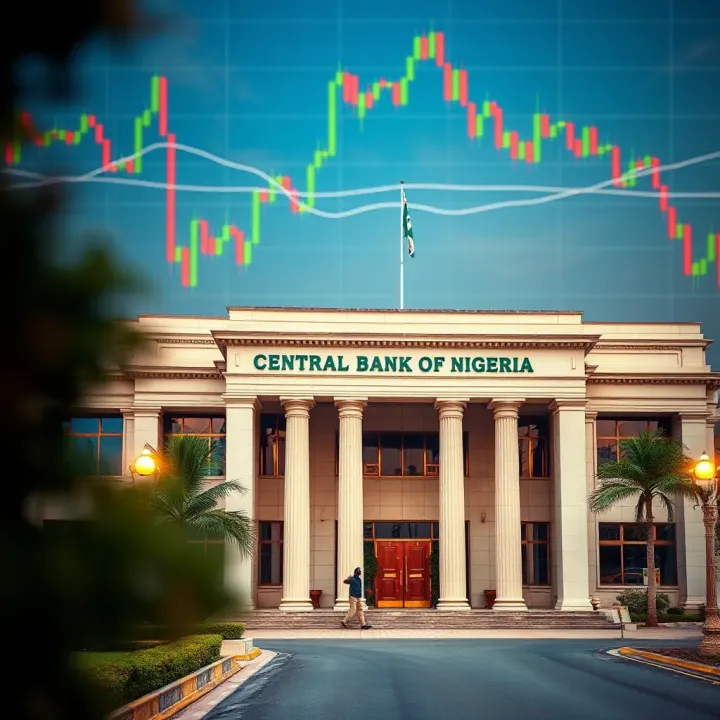 Illustration of the Central Bank of Nigeria building with forex trading charts in the background
