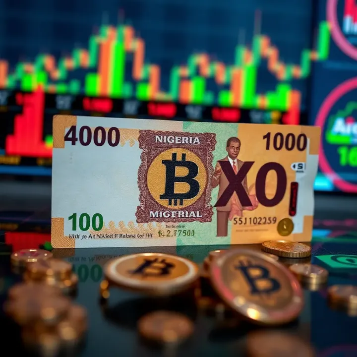 Illustration of Nigerian currency notes alongside digital trading icons