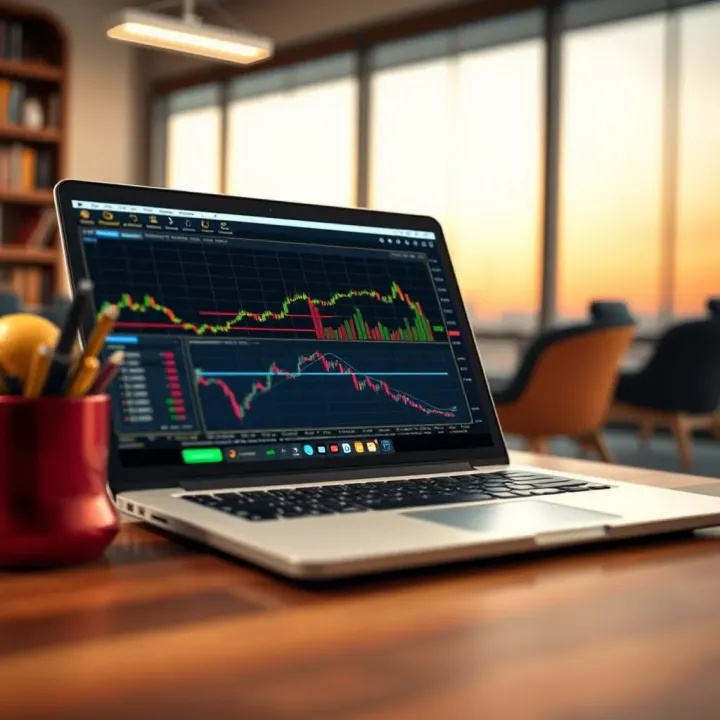 Forex Trading Software Interface with Market Indicators Laptop screen displaying forex trading software with charts and indicators