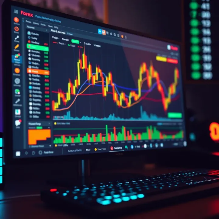 Illustration of a computer screen showing forex trading platform with charts and indicators