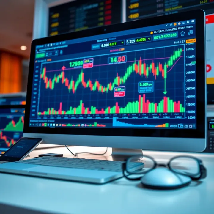 Desktop setup displaying forex trading platform with charts and currency pairs