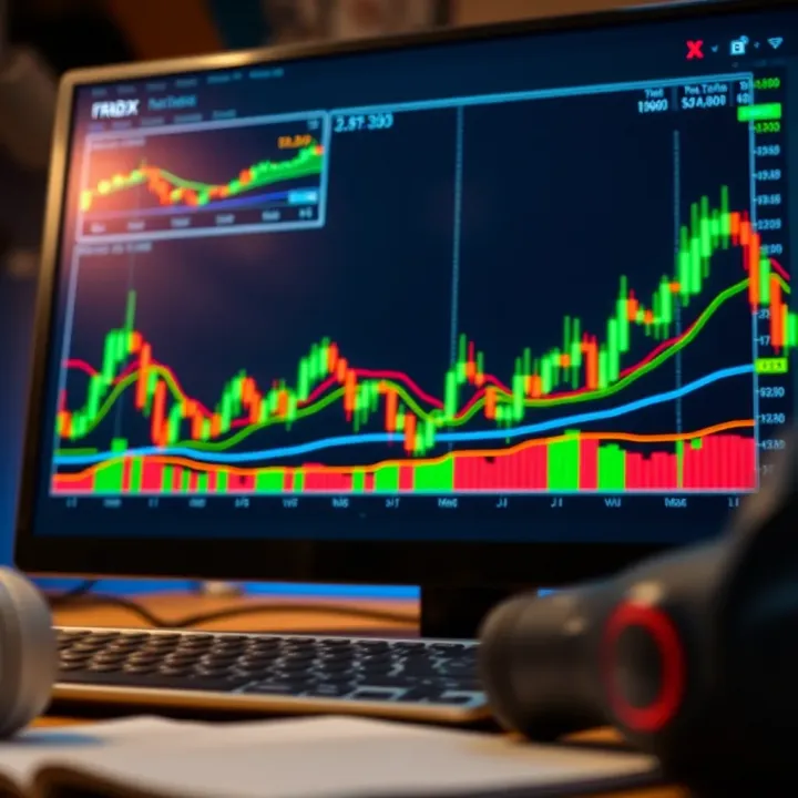 Analyzing Forex Patterns with Technical Indicators Trading platform screen with candlestick chart showing trend lines and indicators alongside highlighted forex chart patterns