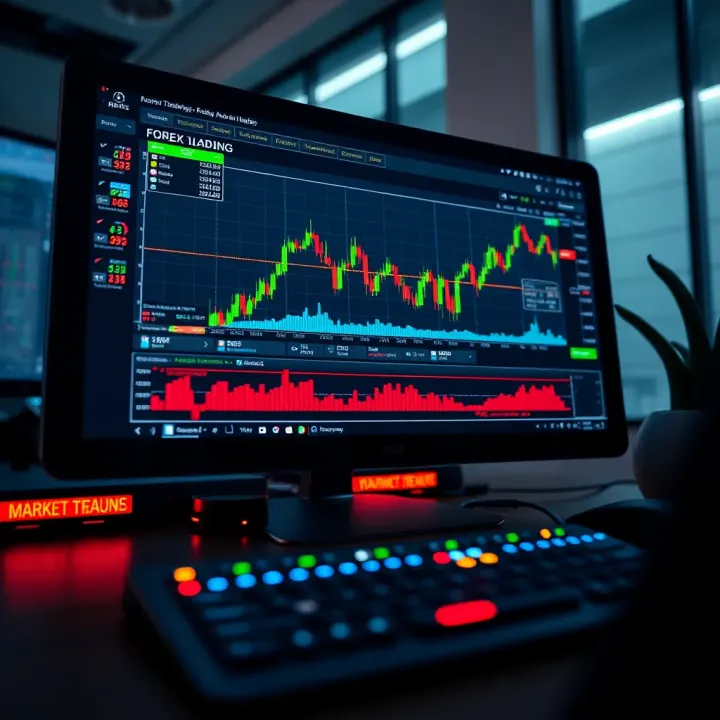 Forex Trading Platform with Risk Management Features Computer screen displaying forex trading platform with charts and risk management tools