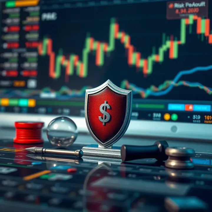 Conceptual graphic depicting risk management strategies with protective shields and trading tools
