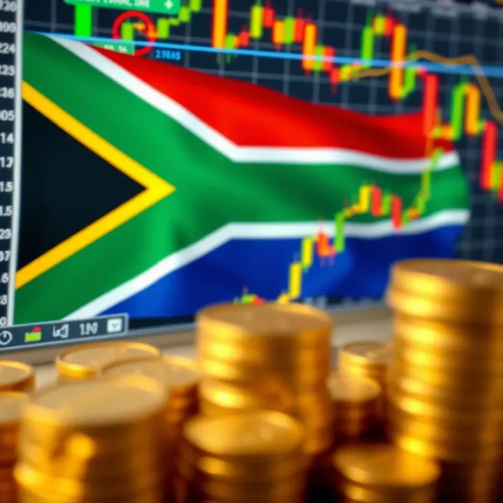 South African flag with currency symbols and forex trading chart in the background