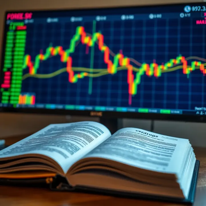 Guide to Effective Forex Trading Strategies Open forex trading book with charts and currency symbols on screen in background