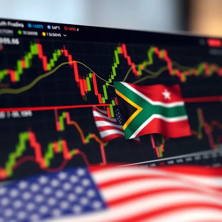 Chart displaying forex currency pairs with US and South African flags overlay