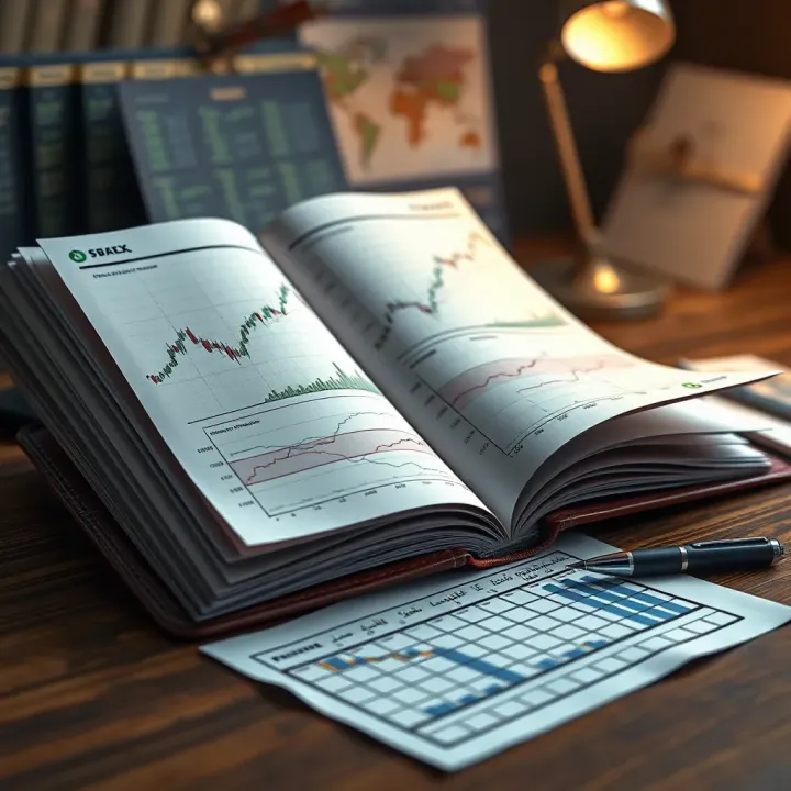 Open forex trading book with charts and notes on a wooden desk