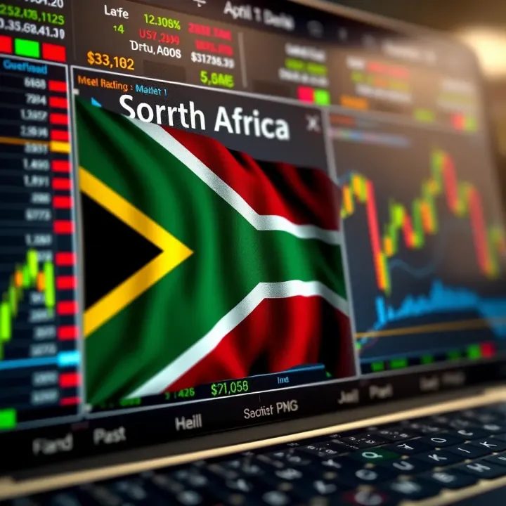South African flag overlaying a digital forex trading platform with currency charts