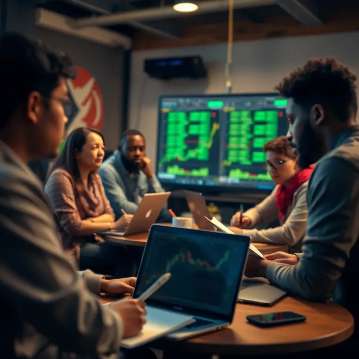 Community gathering discussing crypto trading strategies with laptops and notes