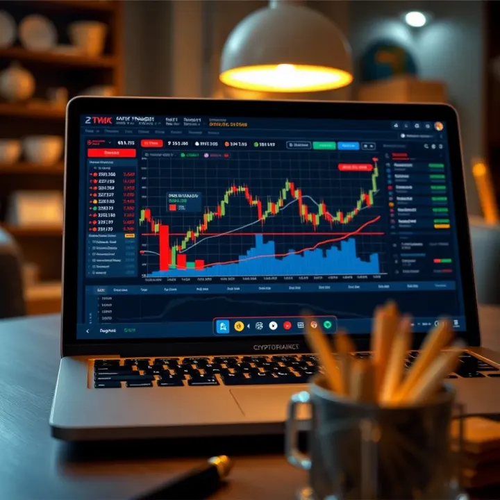 Digital interface showing cryptocurrency charts and analysis tools on a laptop screen