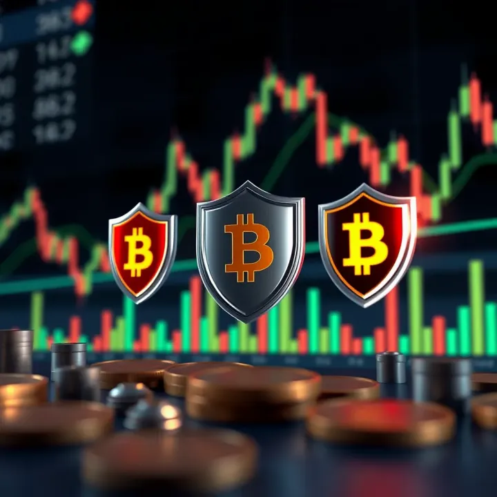 Illustration of risk management concepts with protective shields and financial graphs