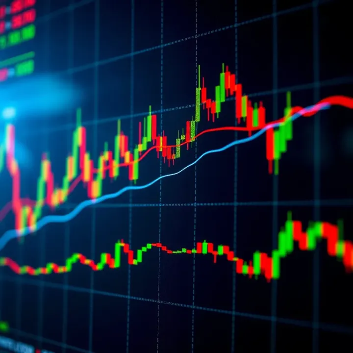 Chart displaying currency price fluctuations with candlestick patterns and trend lines