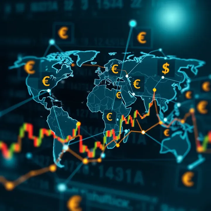 Global Currency Network in Forex Trading Graphic showing global currency symbols interconnected around a digital world map
