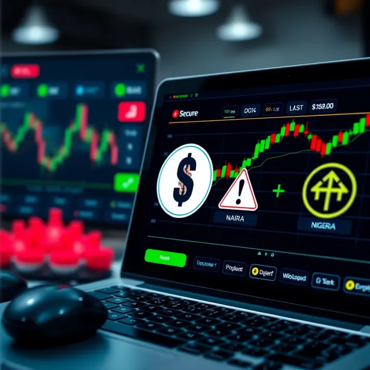 Illustration of a secure online trading platform interface with Nigerian Naira symbol and risk assessment icons