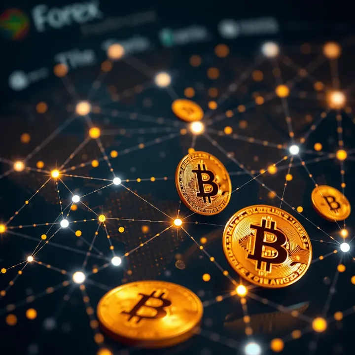 Digital representation of cryptocurrency symbols overlaid on a global network background