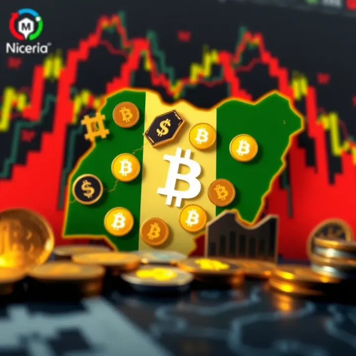 Visual representation of digital currency icons with a Nigerian map background highlighting regulatory framework
