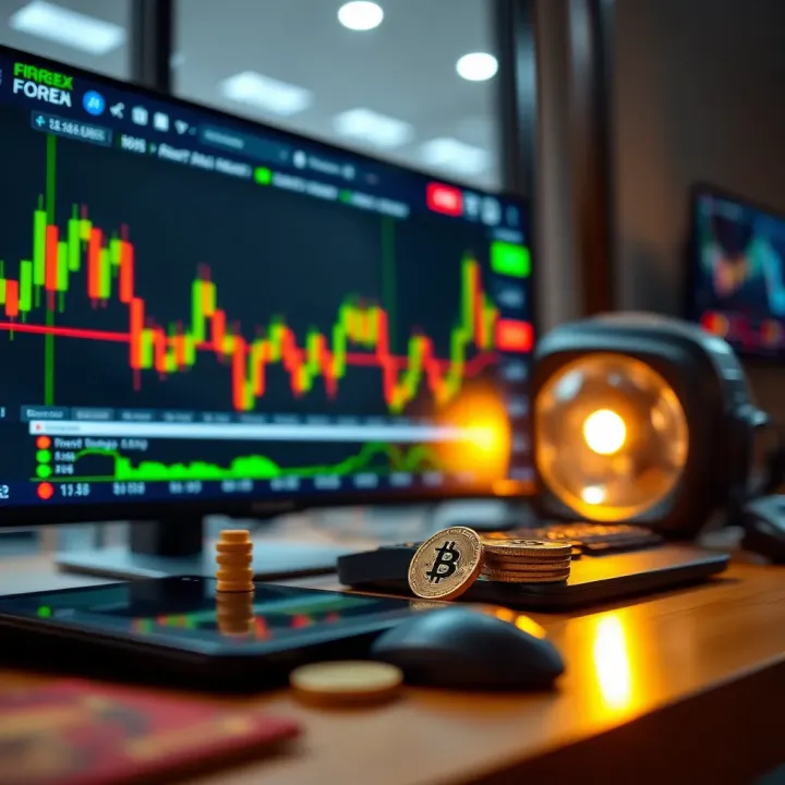 Conceptual graphic of risk-free forex trading environment with virtual currency and strategy icons
