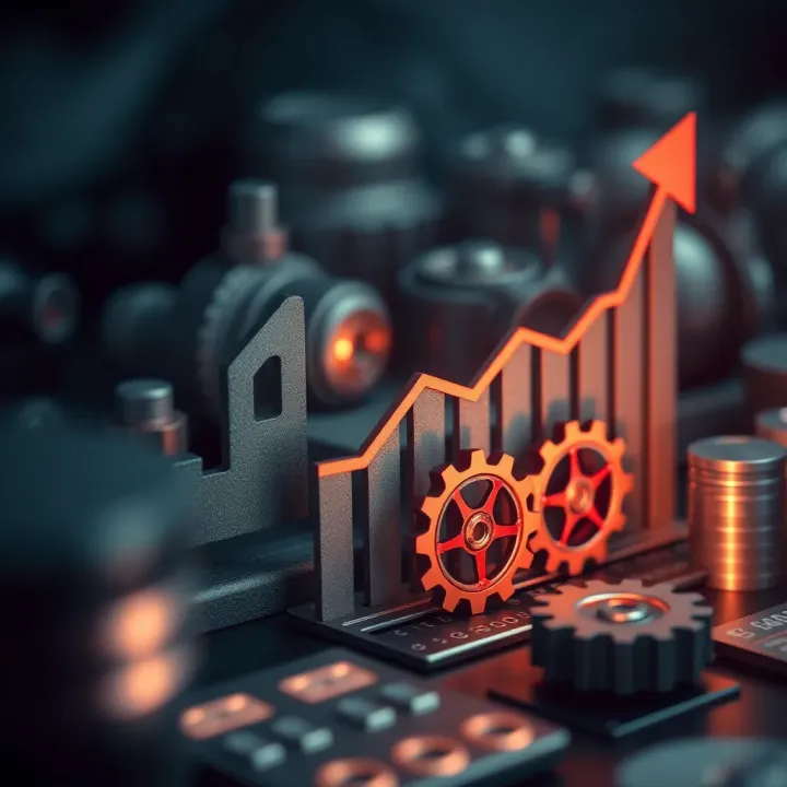 Graph with upward trend and gears symbolizing operational efficiency and strategic growth