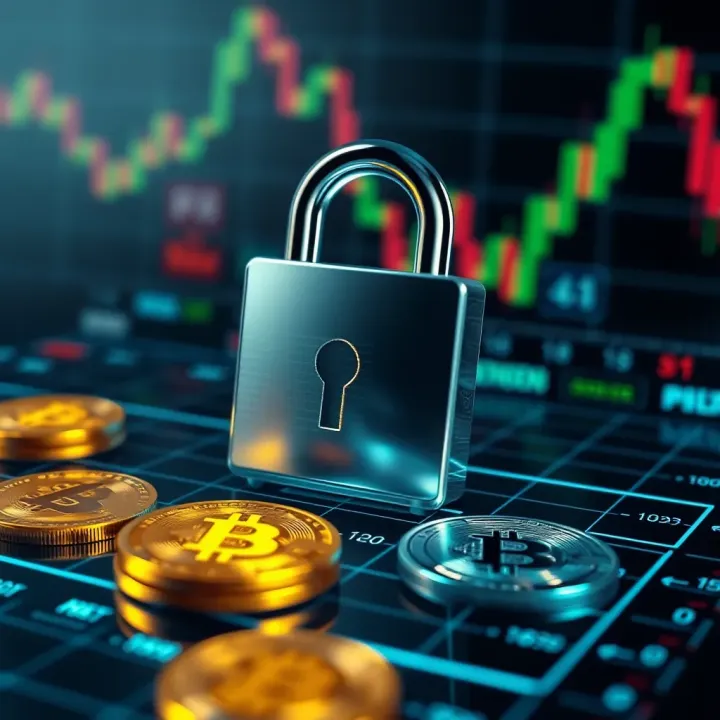 Security Features for Safe Cryptocurrency Trading in Nigeria Secure digital lock overlay on cryptocurrency symbols representing safety and protection in crypto trading