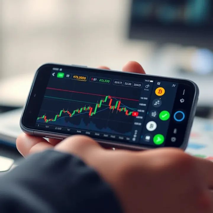 Mobile phone displaying cryptocurrency trading app interface with charts and currency icons