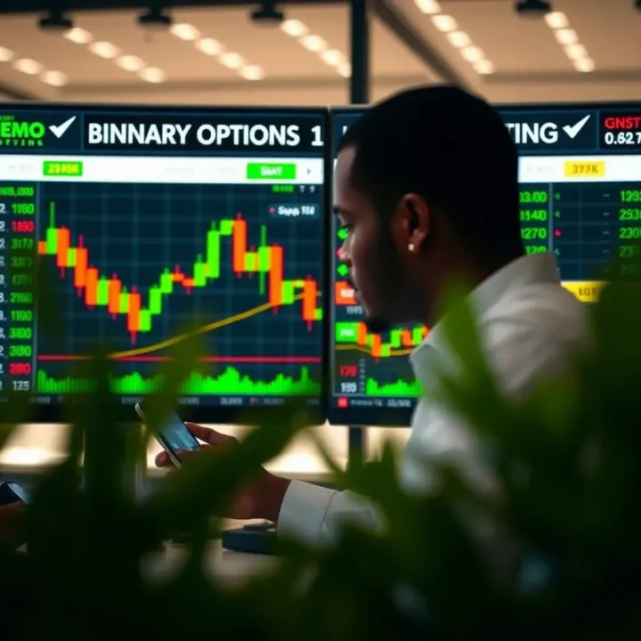 Graphic illustrating the transition from demo to live binary options trading emphasizing risk management and strategy
