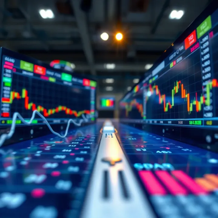 Illustration showing arbitrage trading across different market platforms with price charts and currency exchange icons