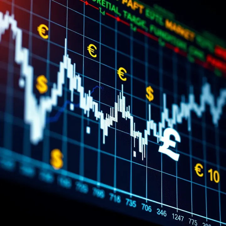 Forex Market Trends and Currency Fluctuations Graph showing fluctuating forex market trends with currency symbols