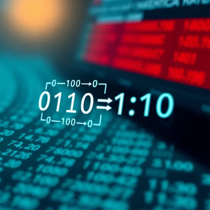 Diagram illustrating the conversion between binary and decimal number systems with arrows showing the transformation