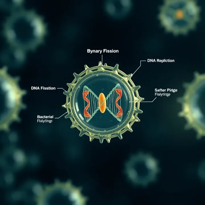 Stages of Binary Fission in a Bacterial Cell Diagram illustrating the stages of binary fission in a bacterial cell showing DNA replication and cell division